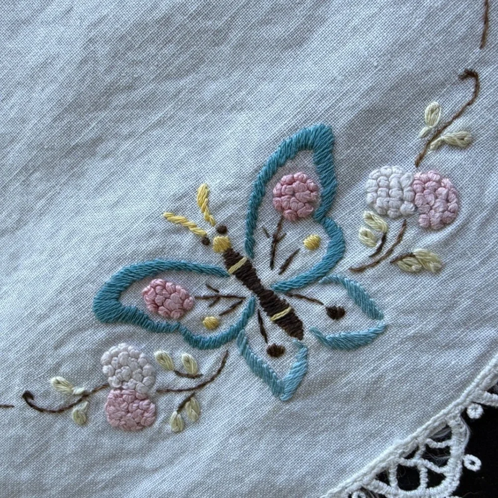 Vintage Embroidered Butterfly Lace Doilies Set of 3 White Blue Pink Floral